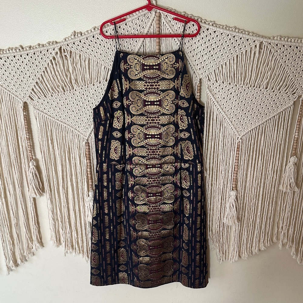 Tory Burch Black Mini Dress with Gold Metallic Embroidery